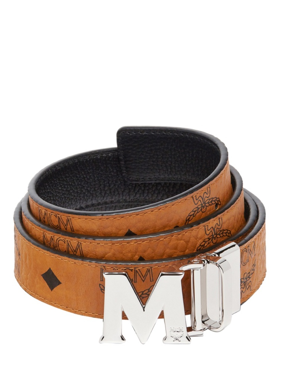 MCM Cognac Monogram Reversible Leather Belt with Silver Buckle